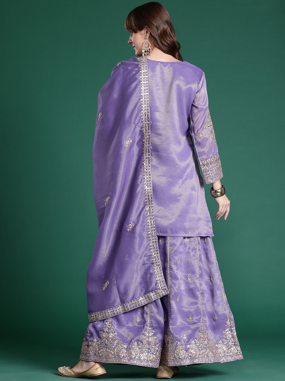 Indyancart IE Ethnic Motifs Embroidered Sequinned Kurta With Palazzos & Dupatta