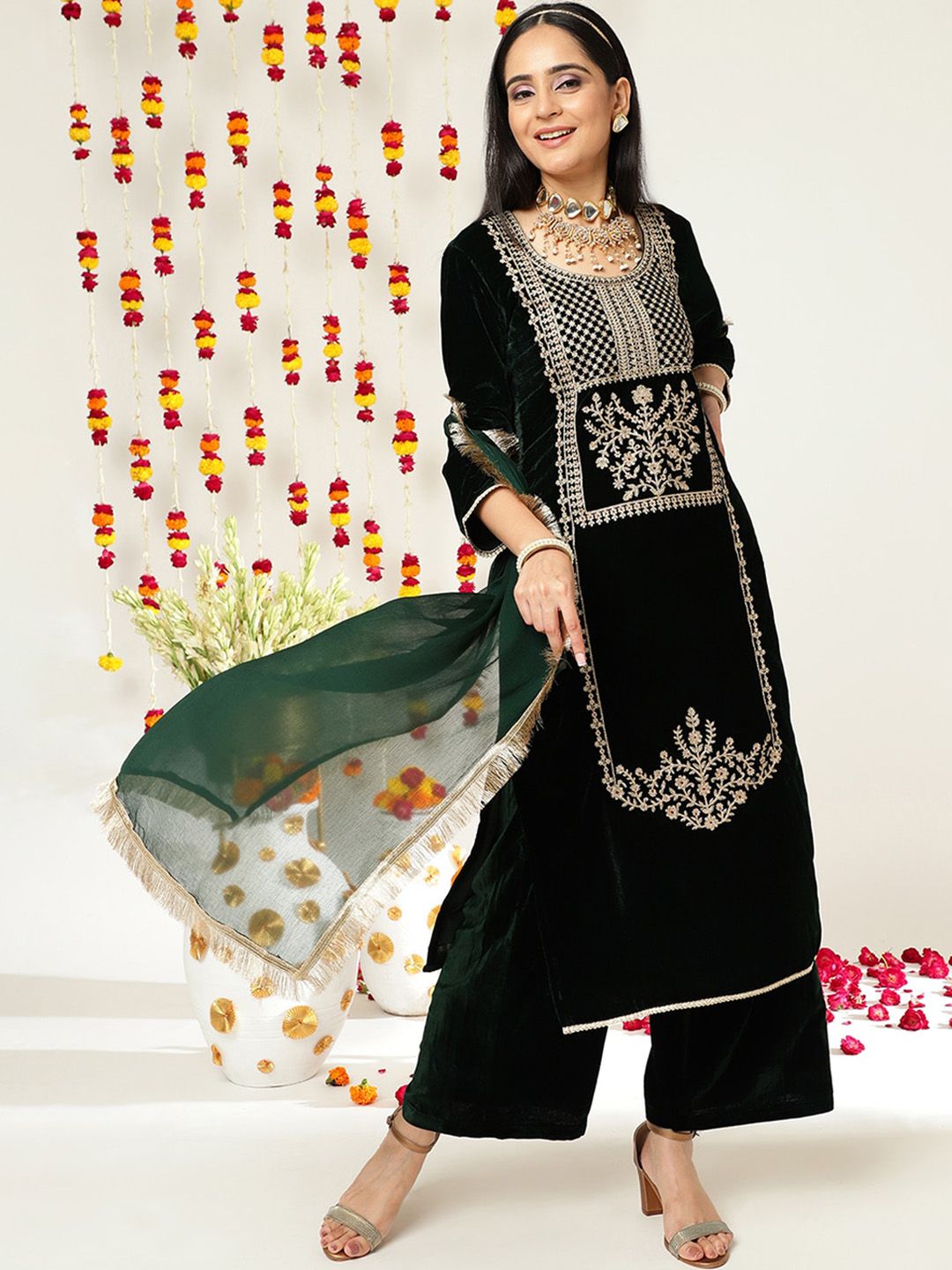 Indyancart VA Green Ethnic Motifs Embroidered Velvet Straight Kurta & Palazzos With Dupatta