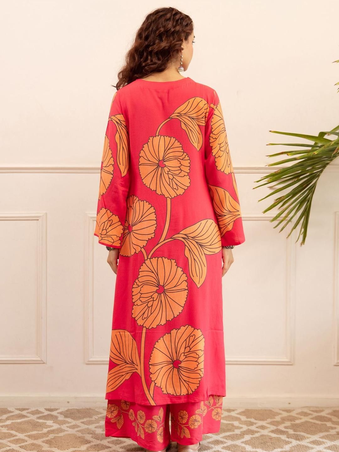 Dhiyona IE Pink Printed V-Neck Long Sleeve Tunic With Trouser Co-Ords