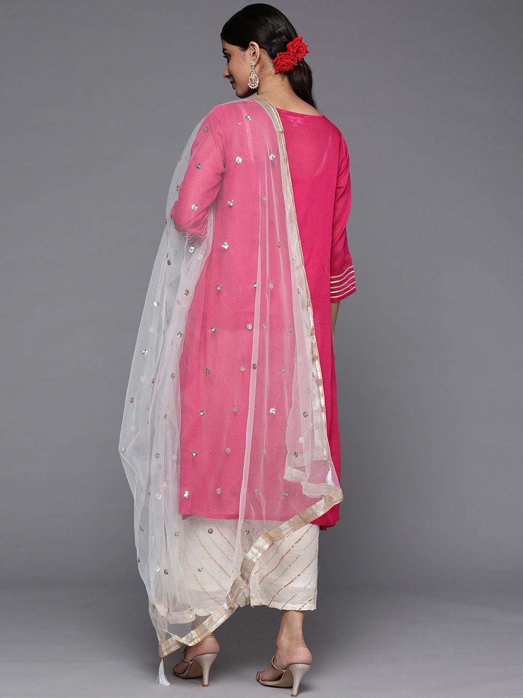 Indyancart VA Women's Pink Yoke Design Pleated Gotta Patti Cotton Kurta with Palazzos & Dupatta