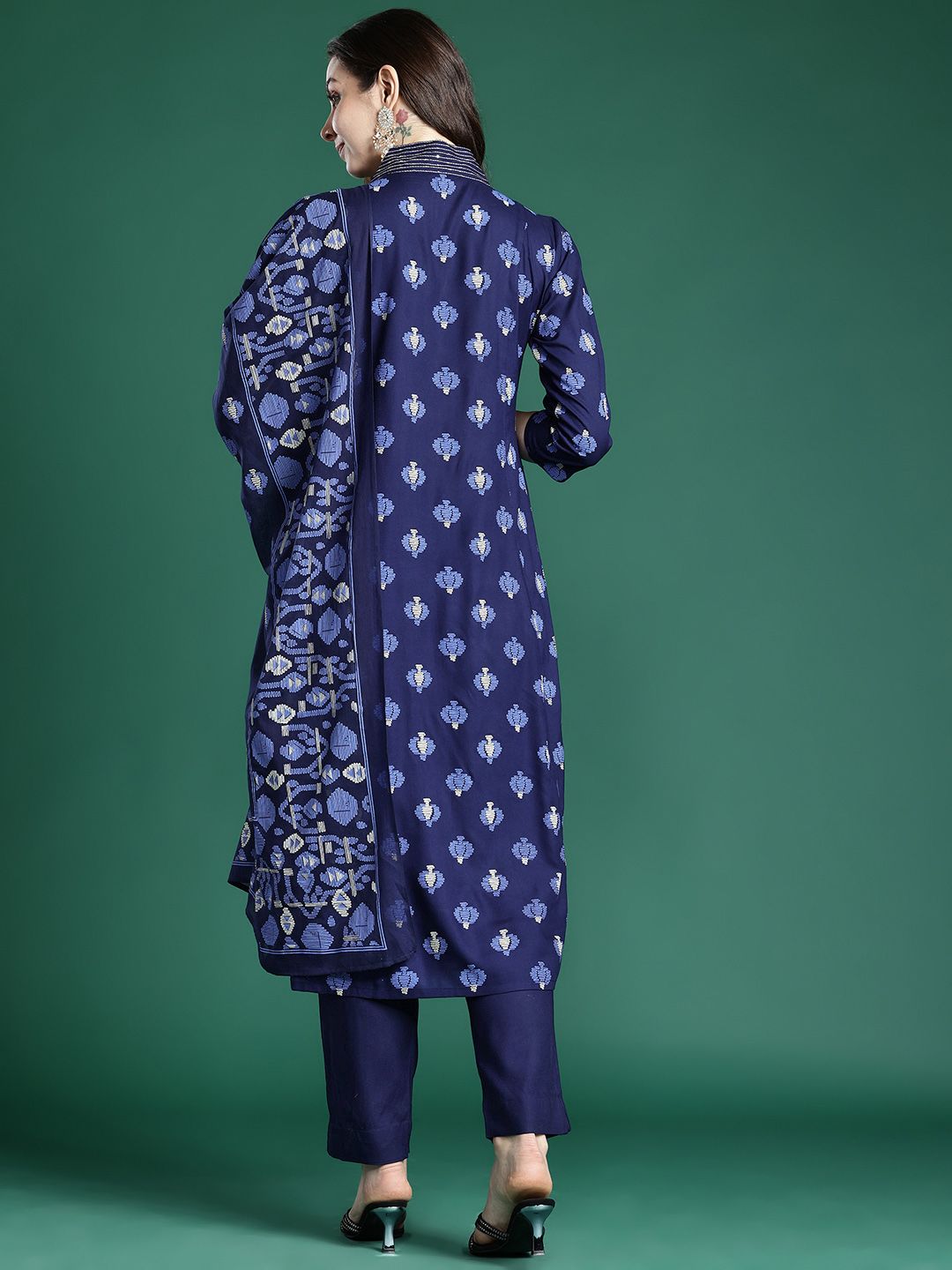 Indyancart IE Floral Printed Panelled Pure Cotton Kurta with Trousers & Dupatta