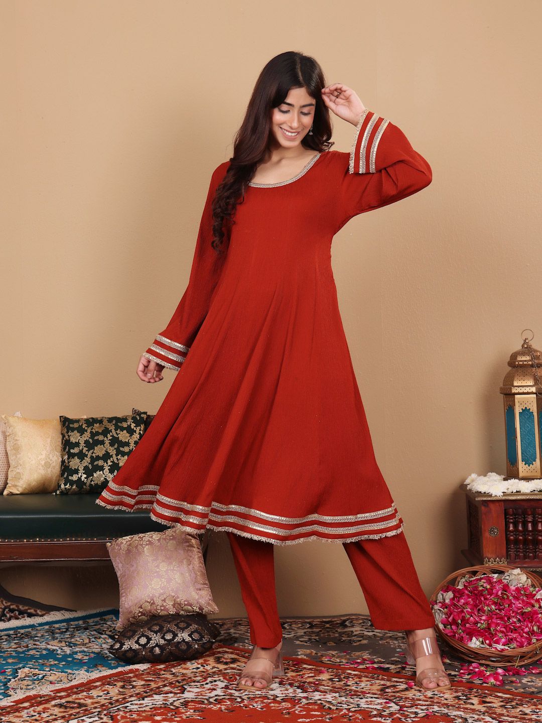 Indyancart VA Women'sSequinned Silk Crepe Anarkali Kurta with Trousers & With Dupatta