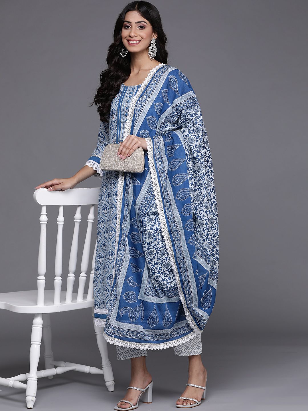 Indyancart VA Women's Blue & Grey Ethnic Printed Pure Cotton Kurta with Trousers & Dupatta