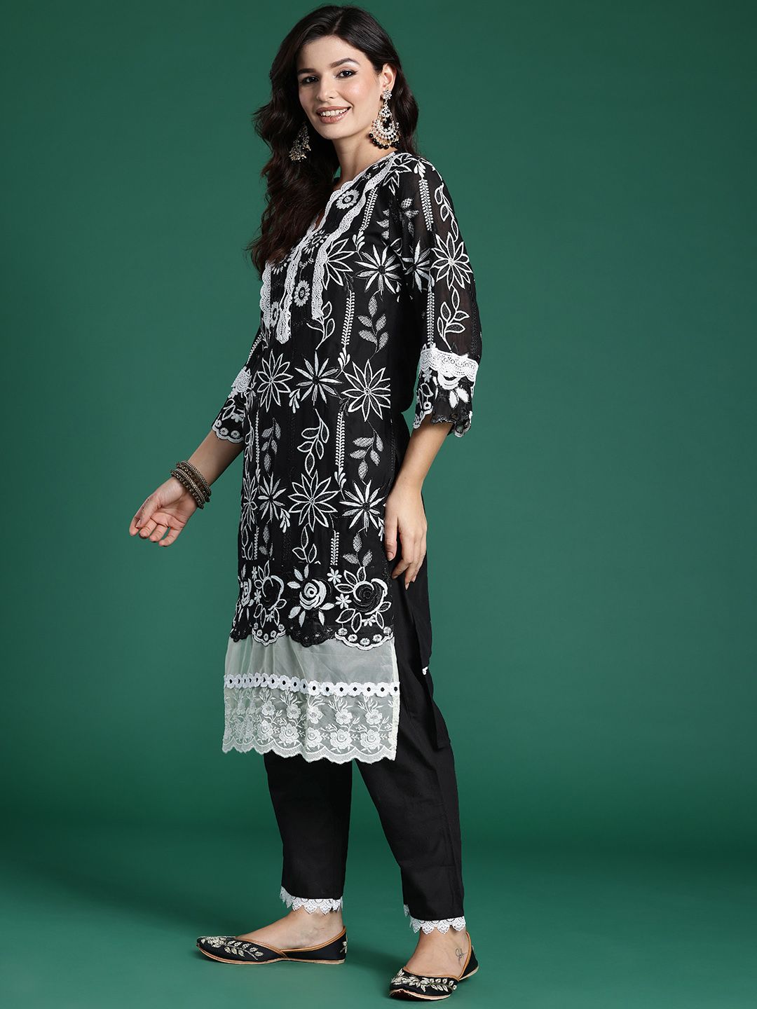 Indyancart IE Floral Embroidered Thread Work Pure Cotton Kurta With Trousers & Dupatta