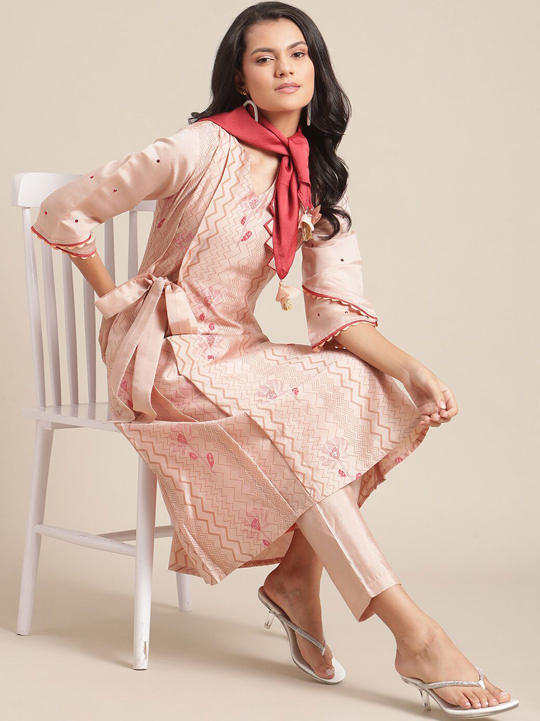Indyancart VA Women's Peach-Coloured Printed Regular Kurta with Trousers