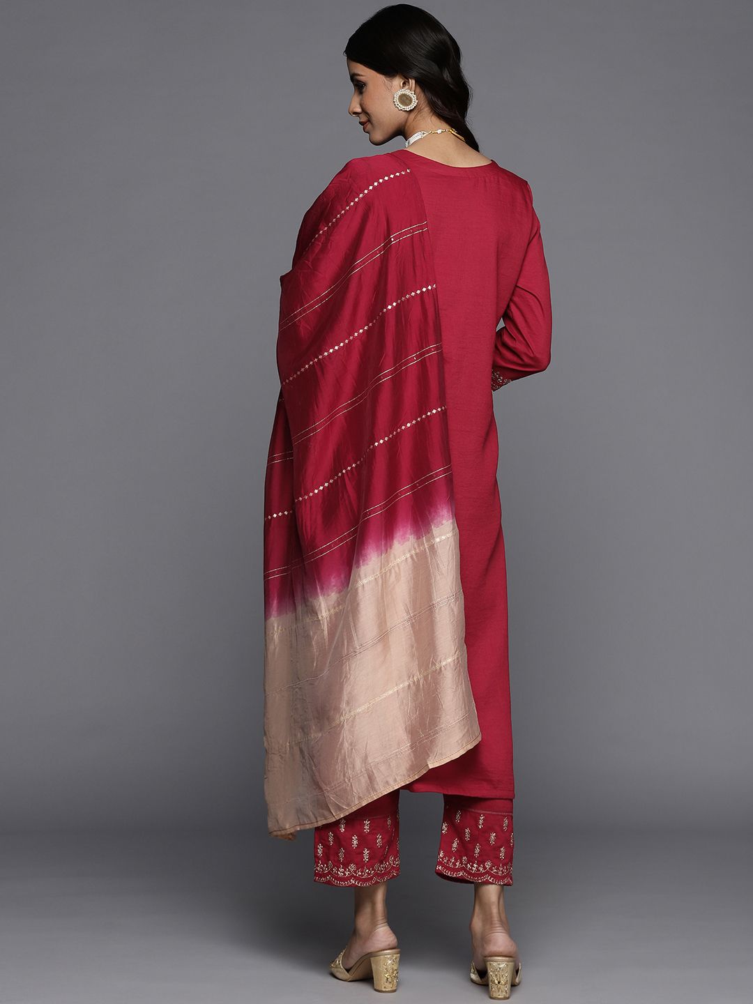 Dhiyona VA Women's Maroon Ethnic Motifs Yoke Design Sequinned Kurta with Trousers & Dupatta