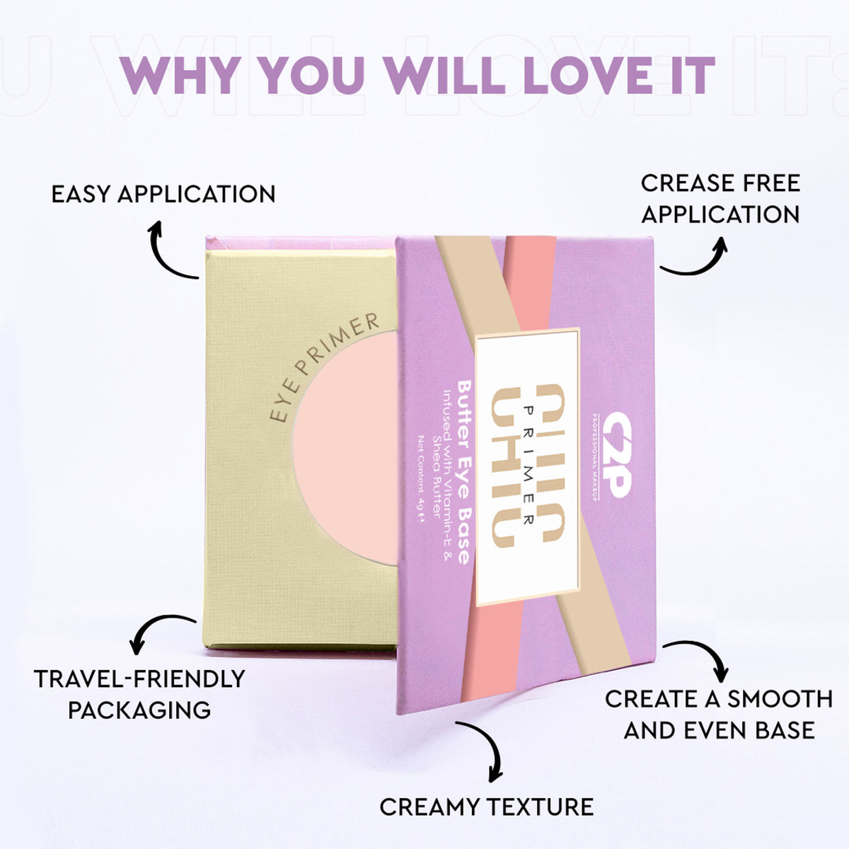 C2P Pro Chic Butter Eye Makeup Base Primer Hold Eyeshadow Fixing Pigment and Glitters - Whitepink