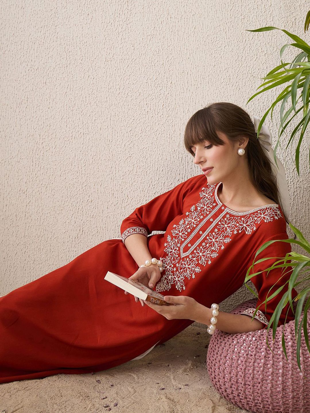 Indyancart IE Floral Yoke Design Thread Work Cotton Straight Kurta