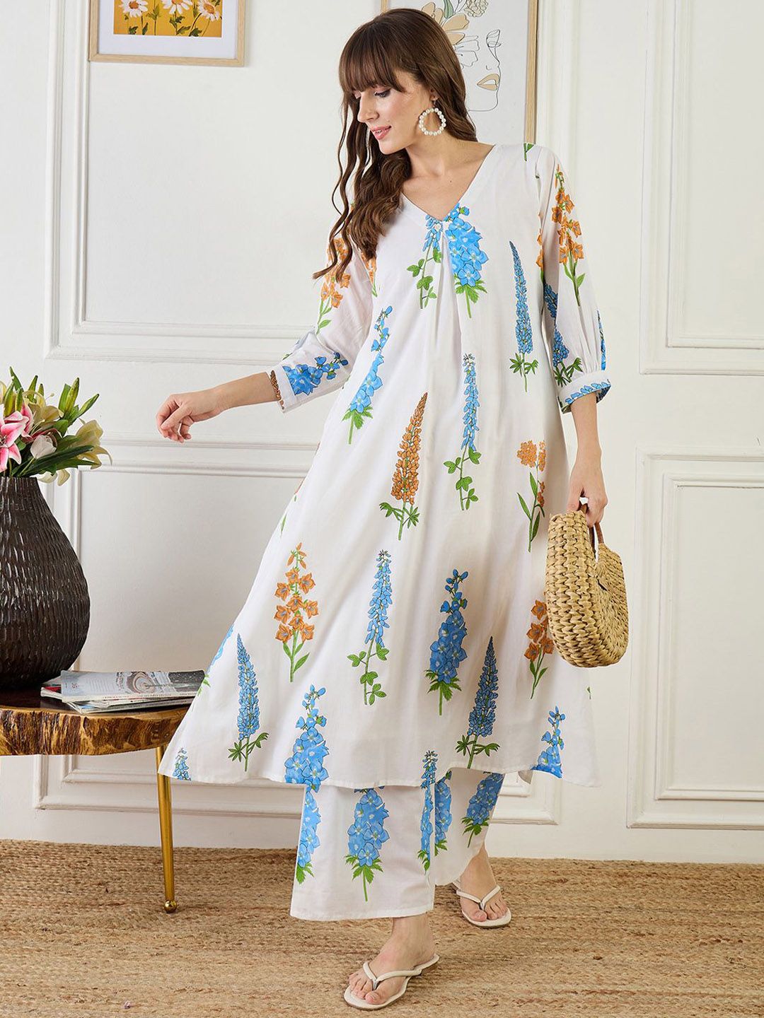 Floral Printed A-Line Pure Cotton Kurta With Trouser