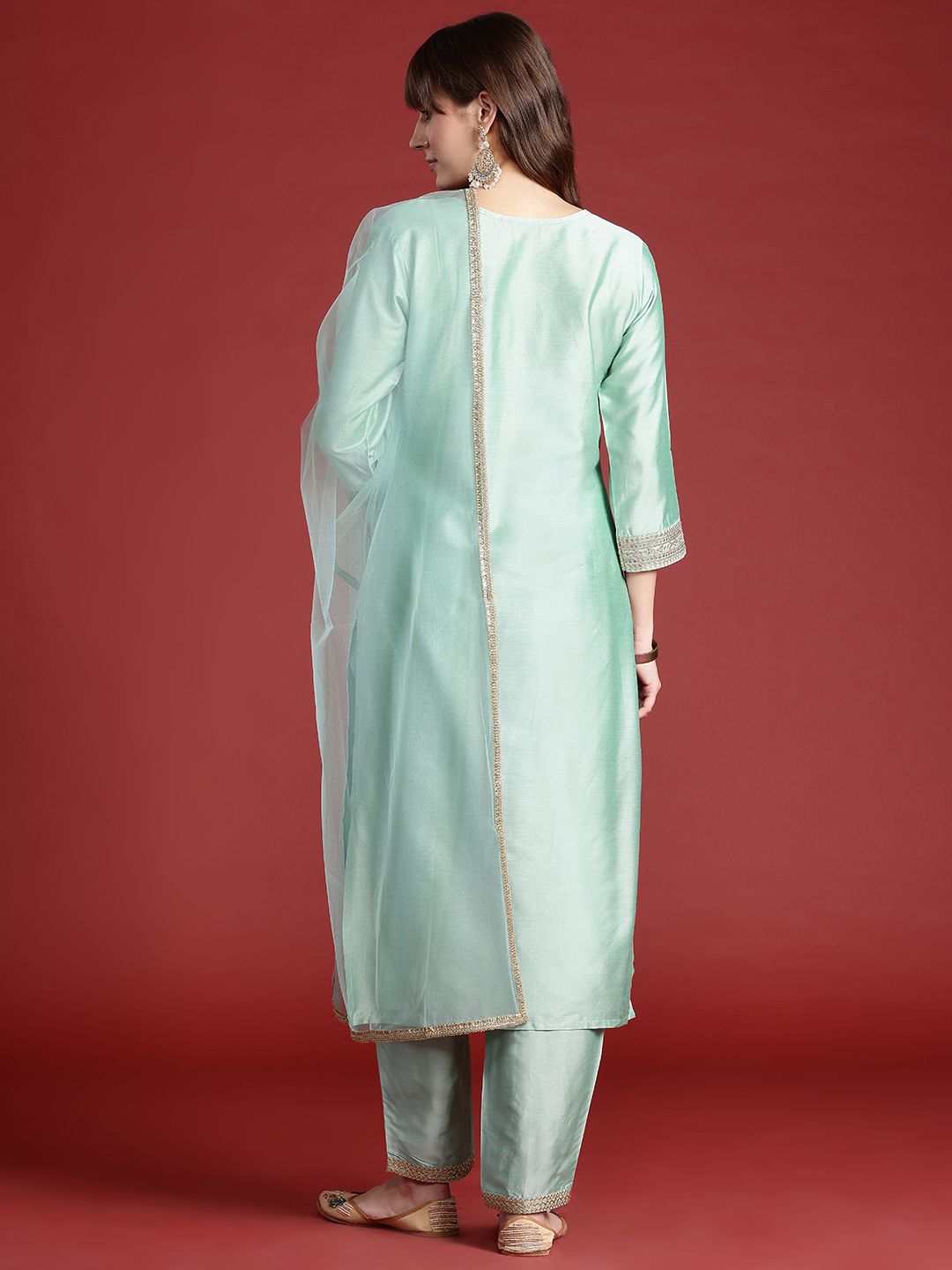 Indyancart IE Embroidered Sequinned Kurta With Trousers & Dupatta