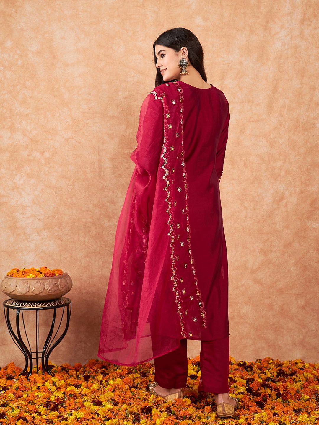 Indyancart IE Embroidered A-Line Kurta With Trousers & Dupatta