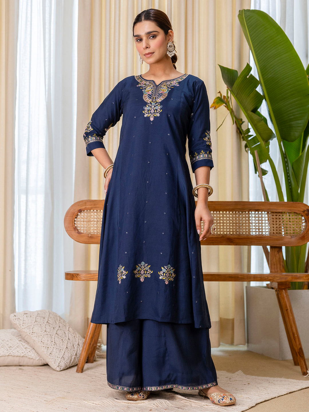 Dhiyona VV Teal-blue Exclusive Embroidered Kurta Plazo Set for Women