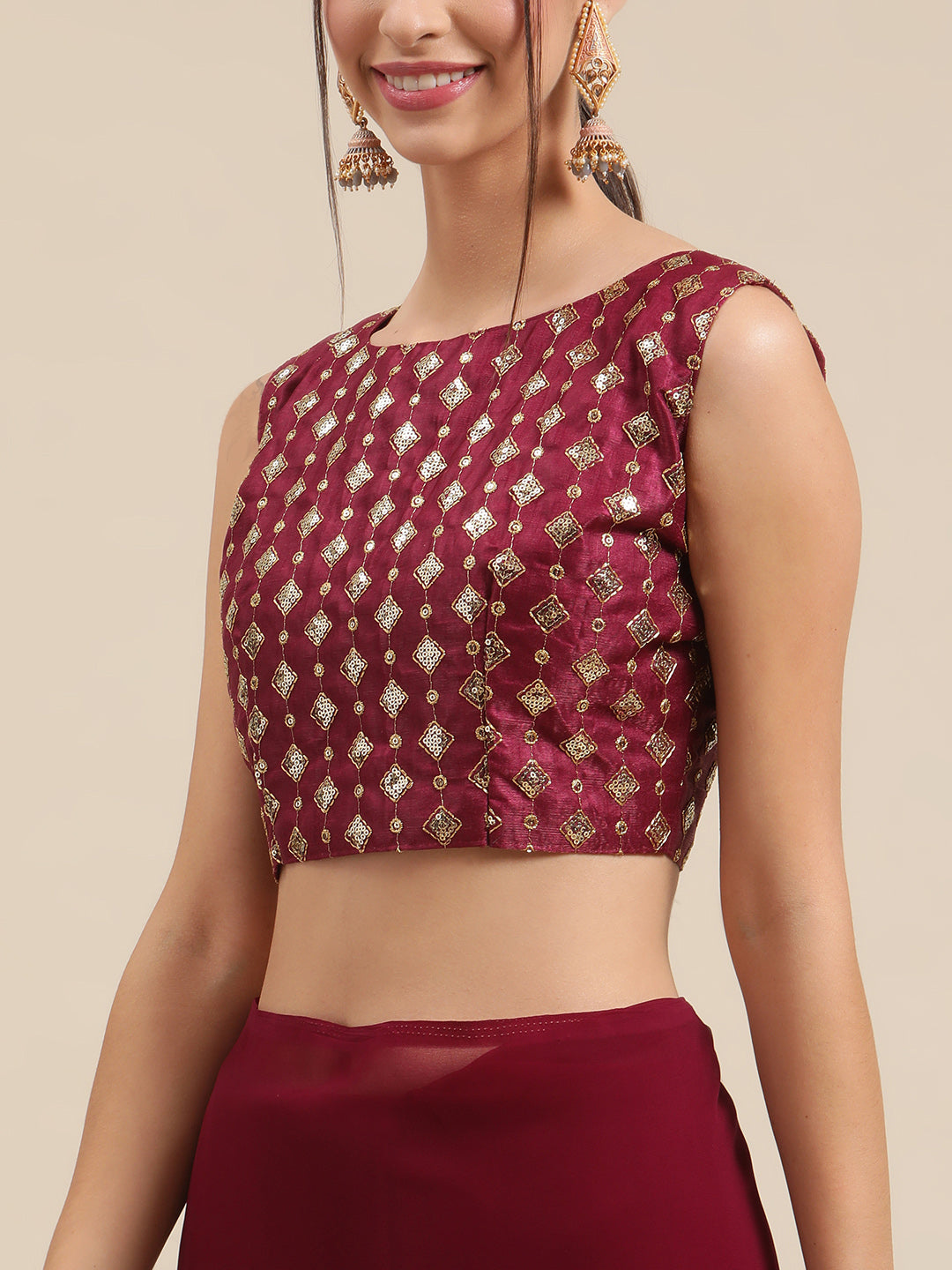 Women's Georgette Wine Solid Celebrity Saree With Blouse Piece