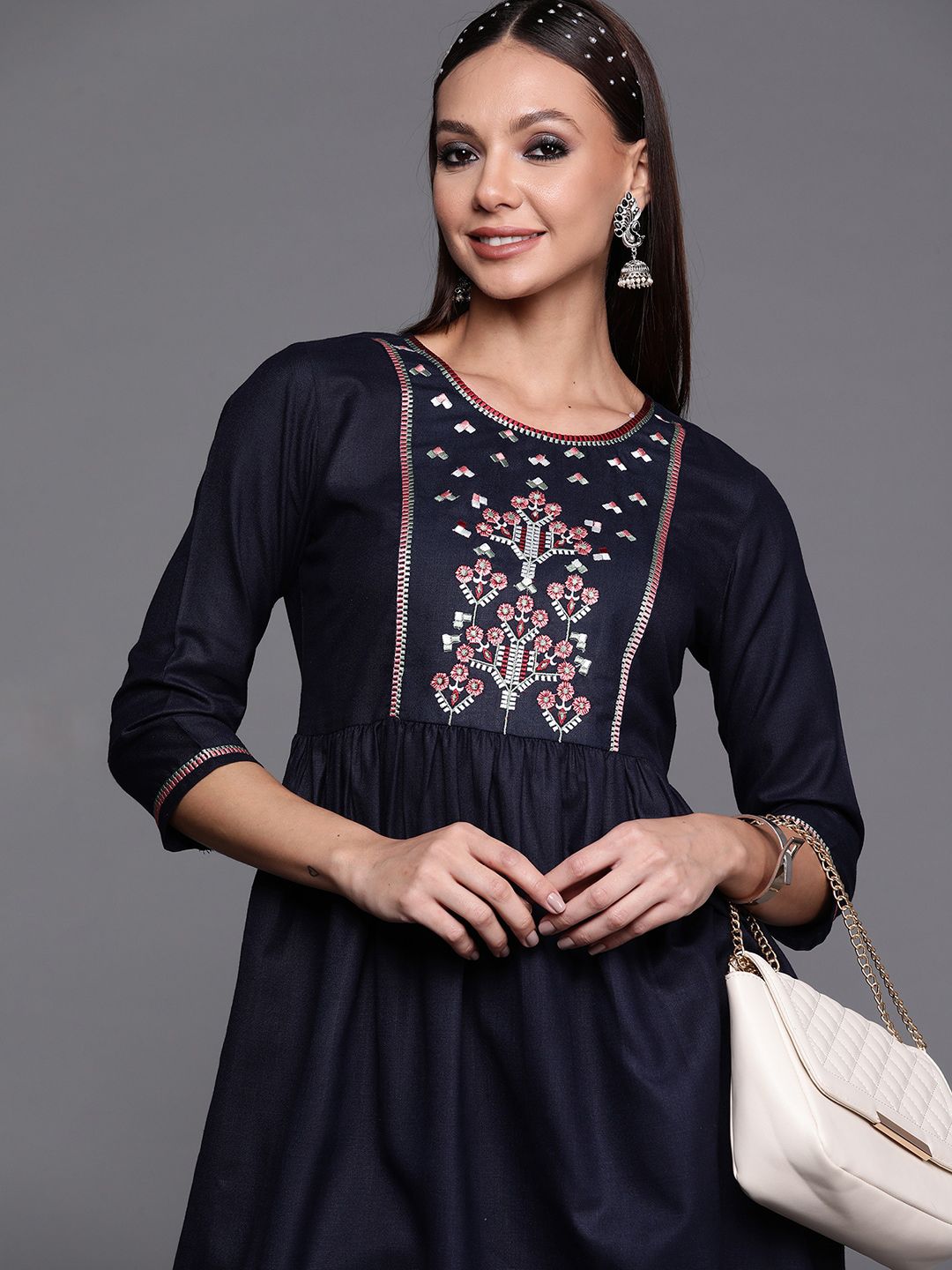 Indyancart IE Women Yoke Design Embroidered A-line Cotton Kurta