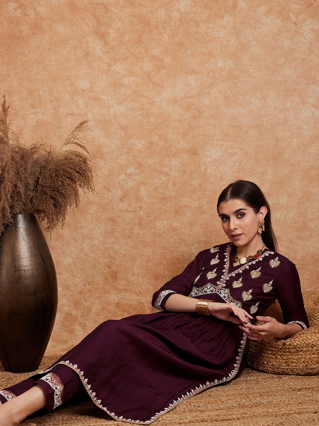 Indyancart SN Women's Alia Cut Ethnic Motifs Embroidered A-Line Kurta With Trouser