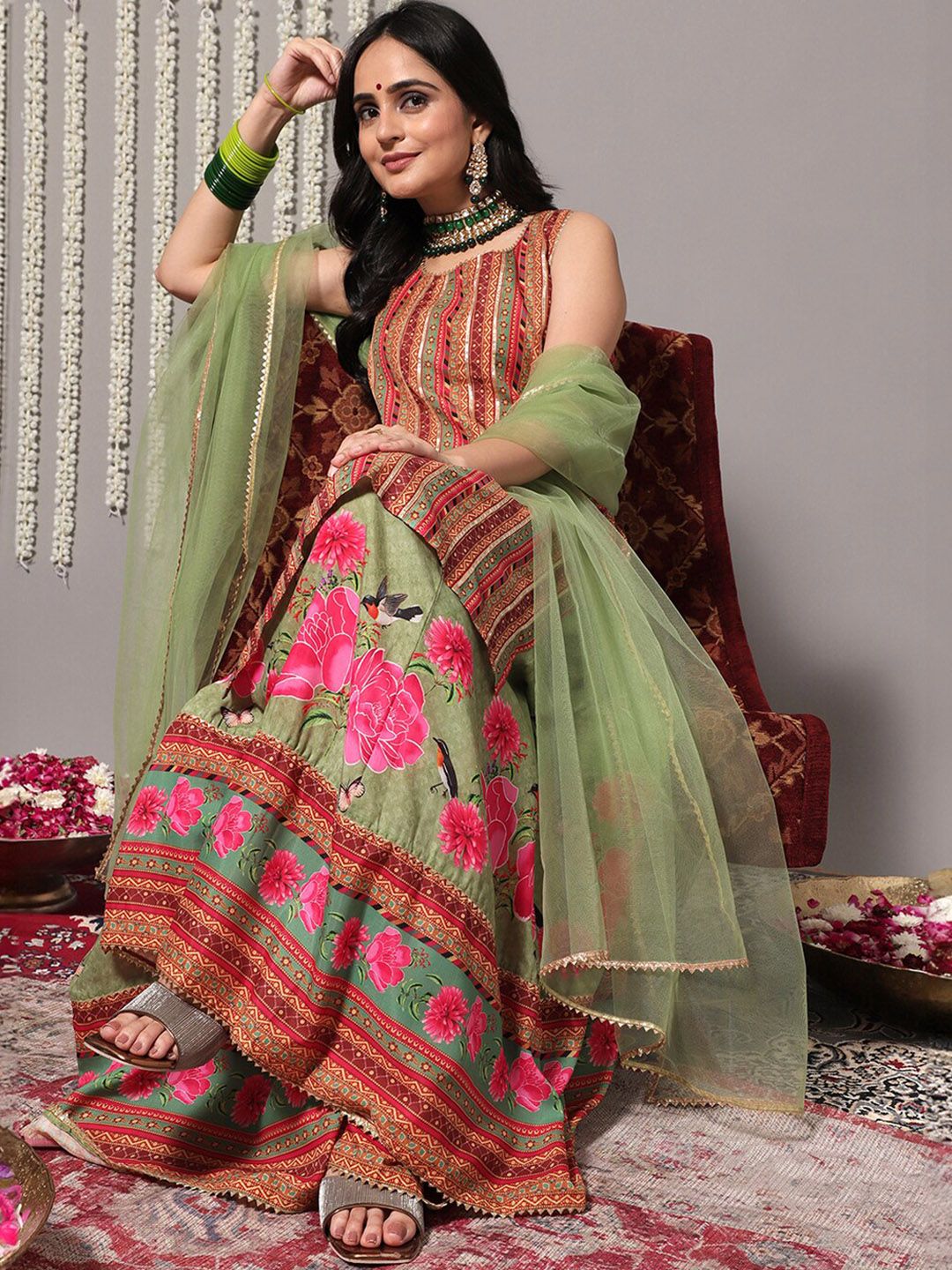 Indyancart VA Women'sEthnic Printed Gotta Patti Straight Kurta With Sharara & Dupatta