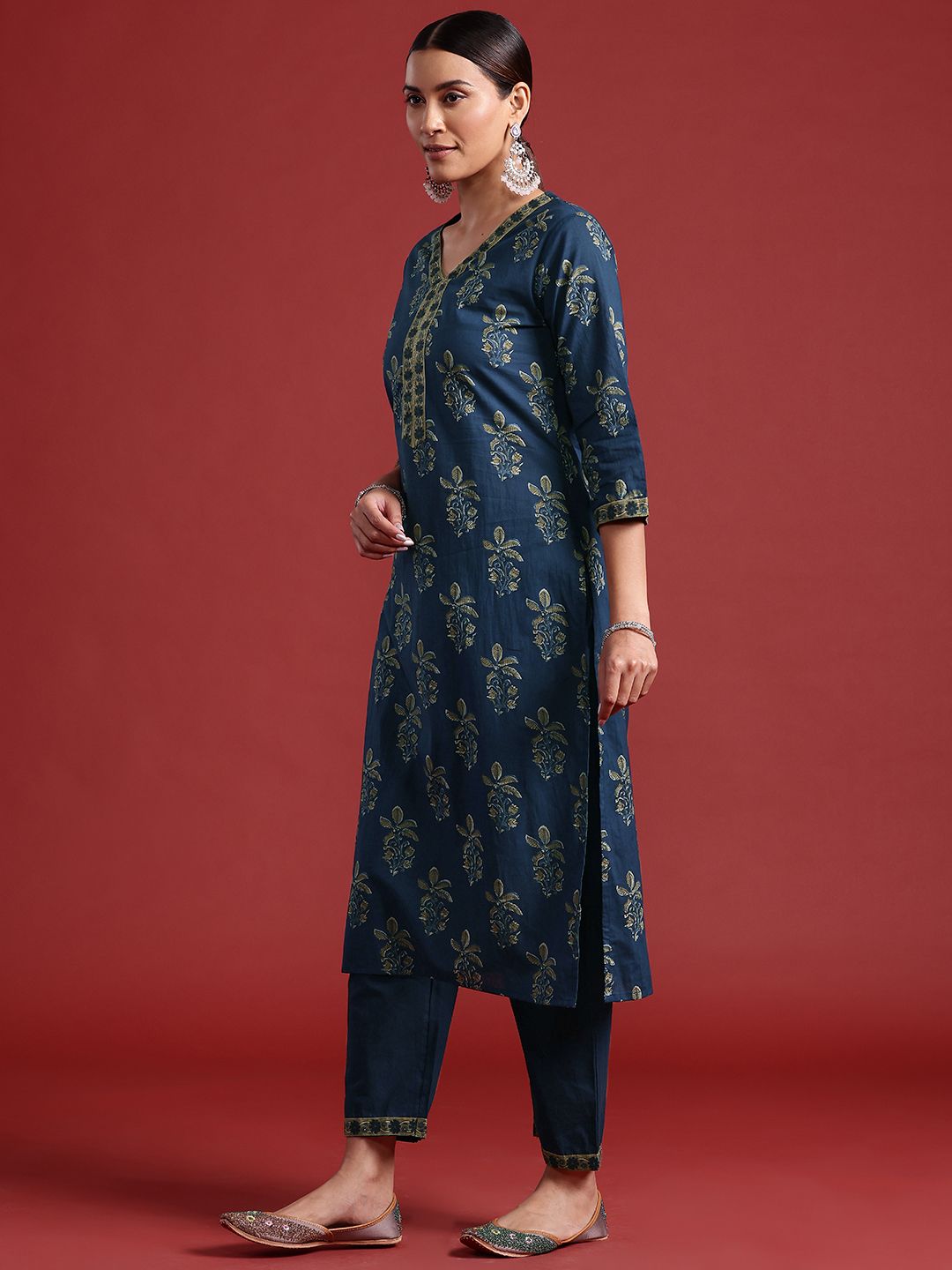 Dhiyona IE Floral Printed Pure Cotton Kurta With Trousers & Dupatta