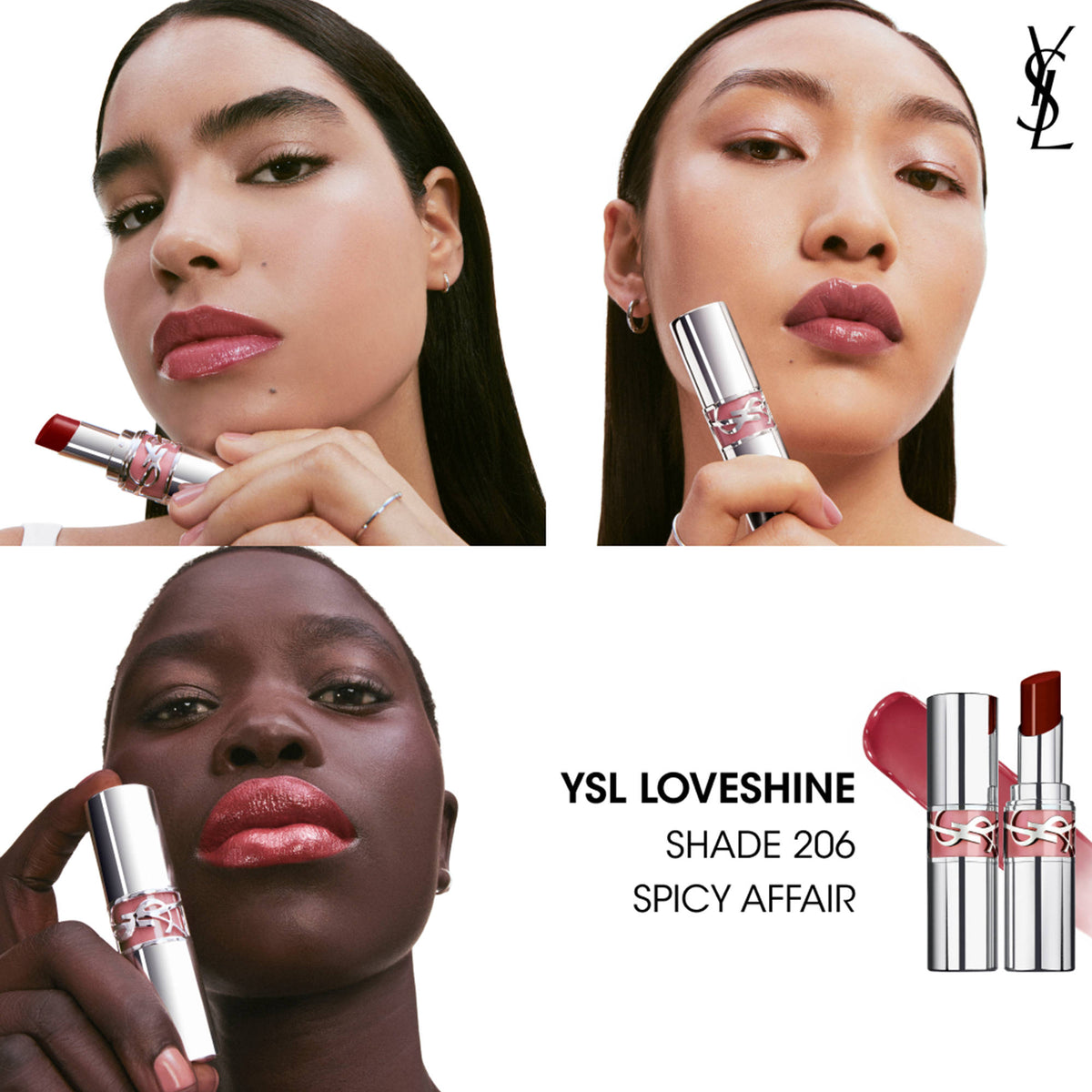 Yves Saint Laurent Loveshine High Shine Lipstick in shade 206 Spicy Affair, showcasing glossy, vibrant lipstick with 24-hour hydration.