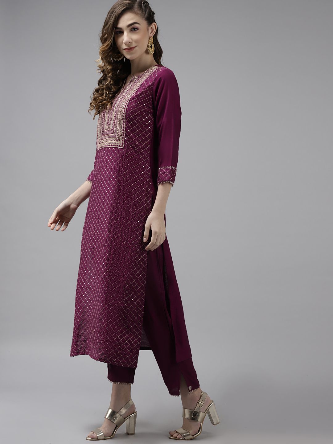 Dhiyona IE Women Burgundy Yoke Design Sequinned Liva Kurta with Trousers & With Dupatta