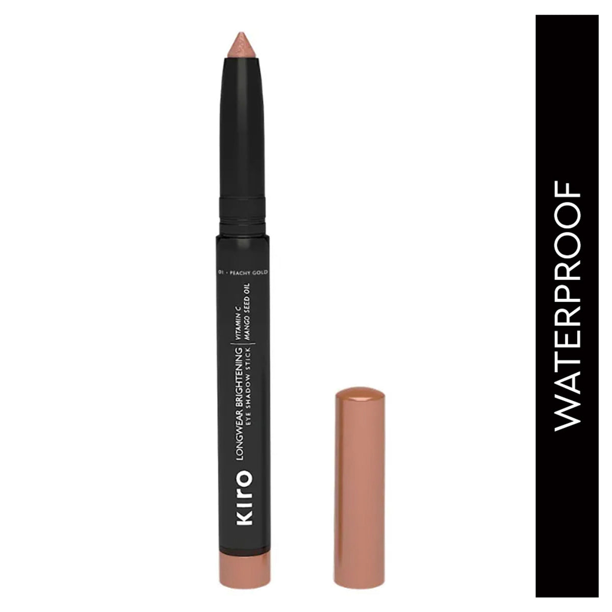 KIRO long wear brightening eye shadow stick in peachy gold with smooth, creamy texture and subtle shimmer for eye makeup.