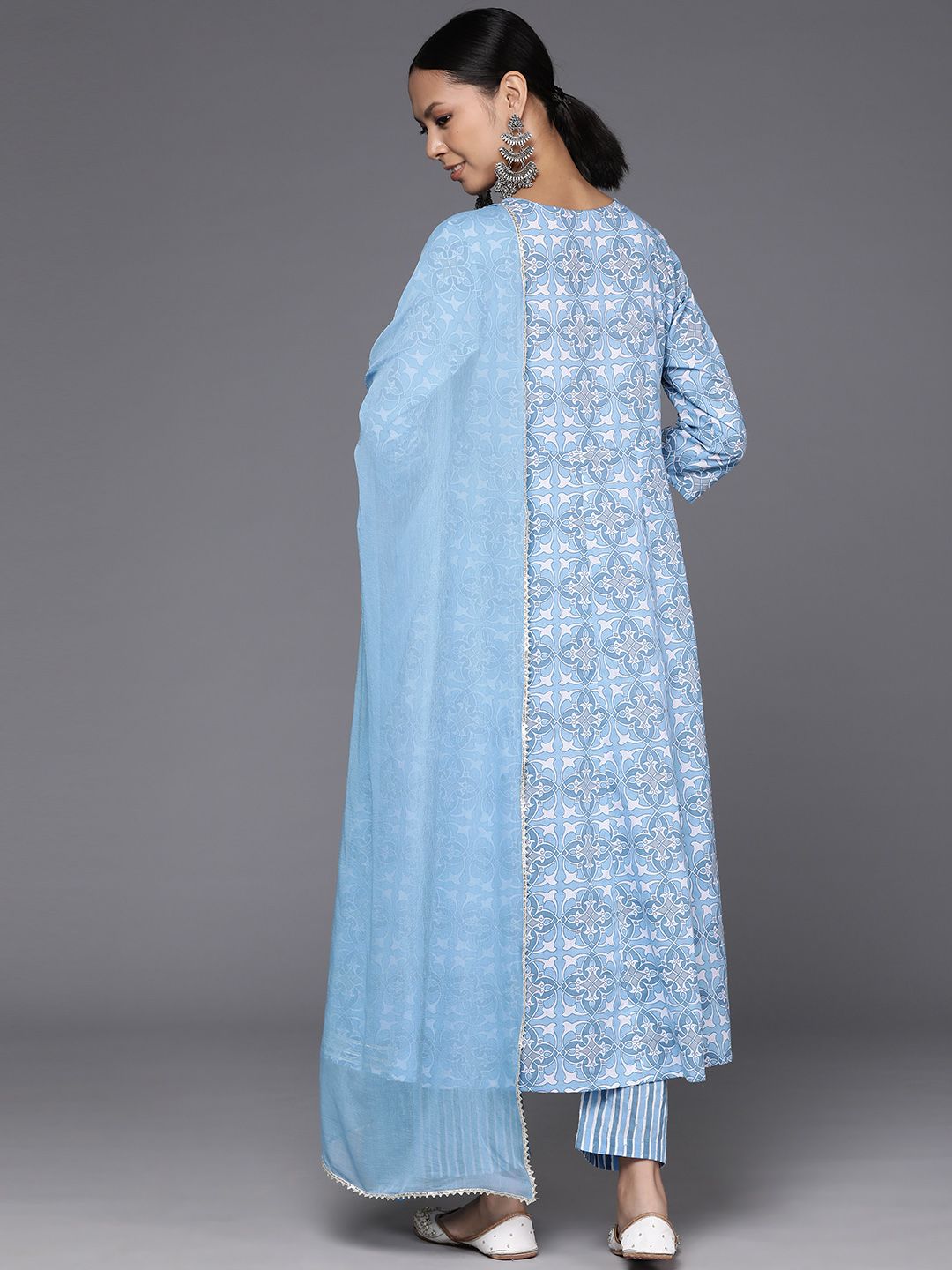 Indyancart VA Women'sPrinted Empire Mirror Work Pure Cotton Kurta with Trousers & Dupatta