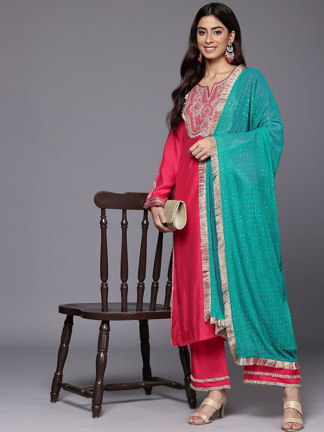 Indyancart VA Geometric Embroidered Mirror Work Straight Kurta with Palazzo & Dupatta