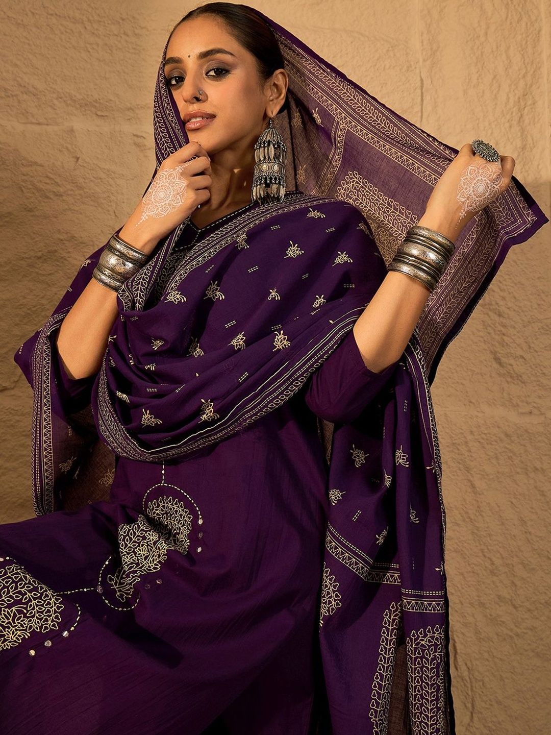 Floral Embroidered Mirror Work Pure Cotton Kurta With Trousers & Dupatta
