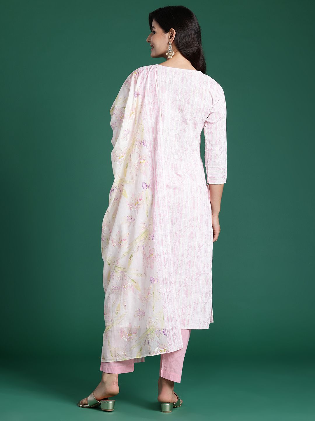 Indyancart IE Embroidered Thread Work Pure Cotton Kurta With Trousers & Dupatta