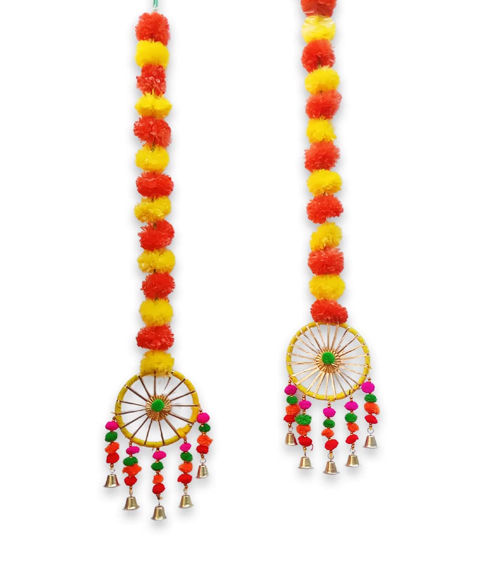 Artificial Marigold Fluffy Flowers Garland String with Bells Ring Pom Pom Rajasthani Wall Door Hanging Latkans Handmade Toran Decoration 2.9 Ft Height (2 Piece)