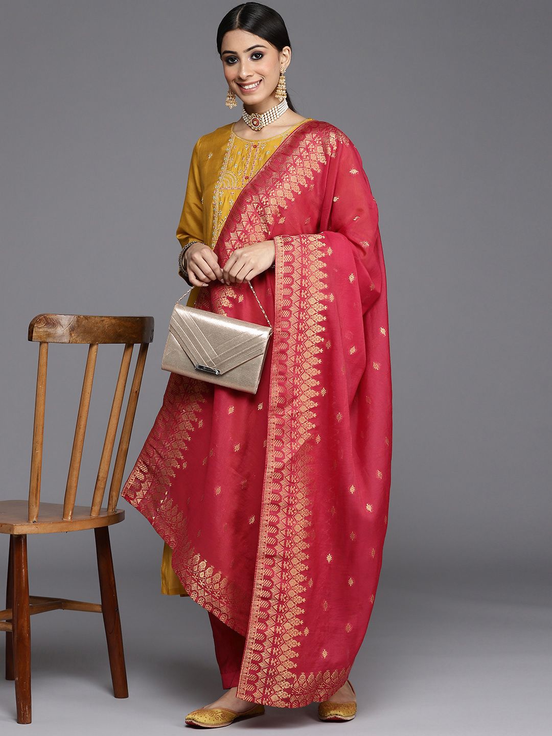 Indyancart VA Women's Mustard Yellow Ethnic Motifs Embroidered Kurta with Trousers & Dupatta