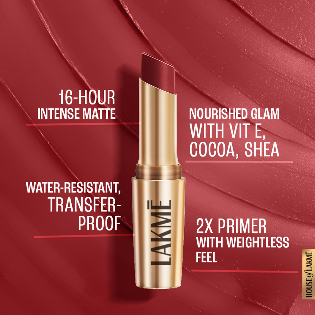 Lakme 9 To 5 Powerplay Priming Matte Lipstick in Cherry Chic, showing vibrant matte lipstick with a smooth finish.
