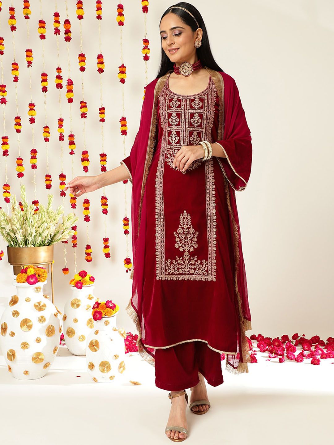 Indyancart VA Burgundy Ethnic Motifs Embroidered Velvet Kurta With Palazzos & Dupatta