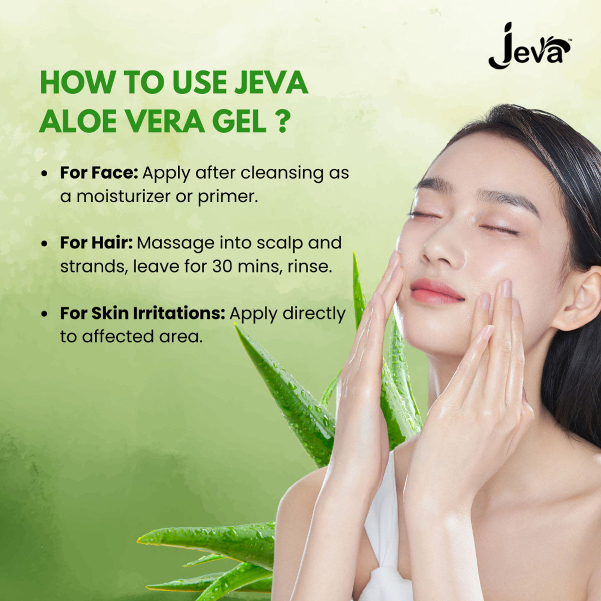Jeva Aloe Vera Gel in a clear jar, showcasing its hydrating and revitalizing formula for youthful skin and hair care.