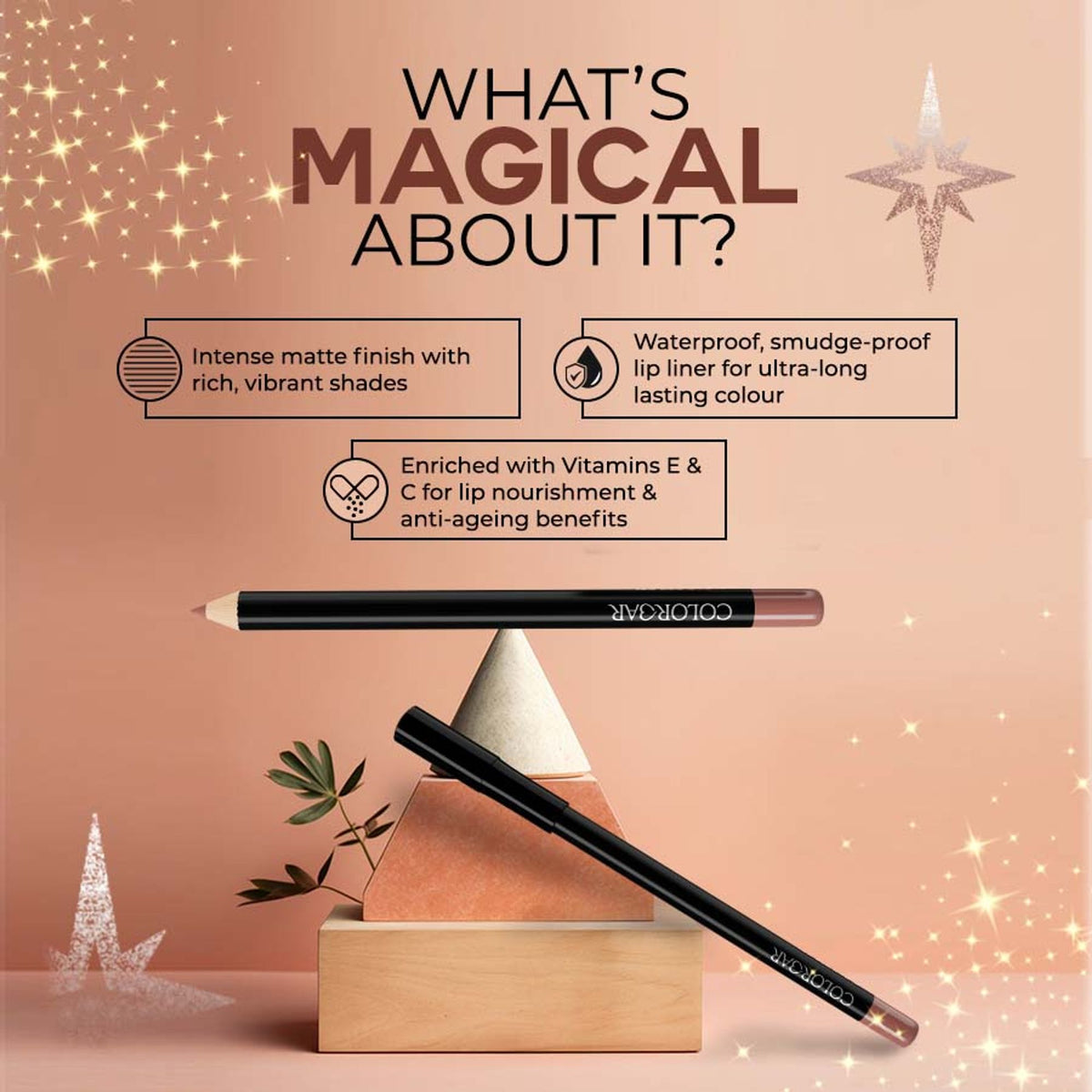 Colorbar Definer Lip Liner in Nude It, a close-up of the nude-colored pencil with sharpened tip and brand packaging.