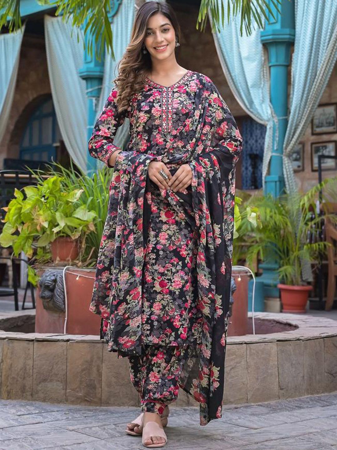Indyancart VA Women'sFloral Embellished Kurta Paired With Afghani Trouser & Dupatta