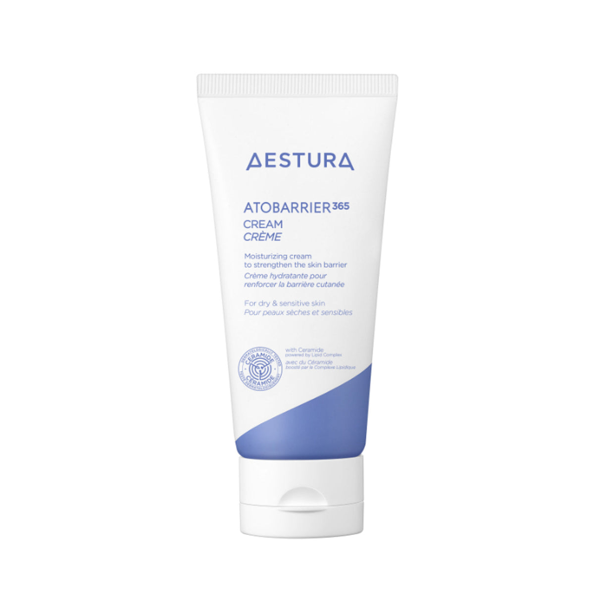 Aestura Atobarrier365 cream jar with white and blue packaging, smooth cream visible inside, designed for skincare and skin barrier support.