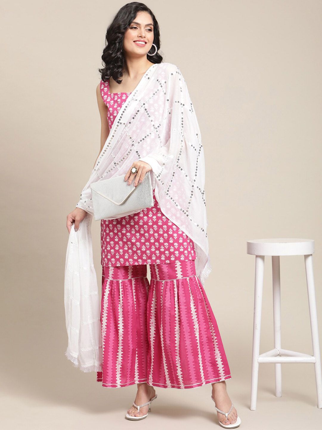 Indyancart VA Women's Pink Floral Printed Sequinned Pure Cotton Kurta with Sharara