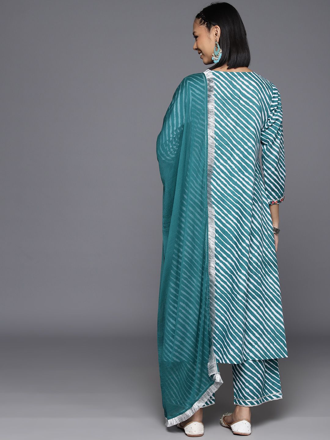 Indyancart VA Women's Leheriya Striped Regular Mirror Work Cotton Kurta With Trousers & Dupatta