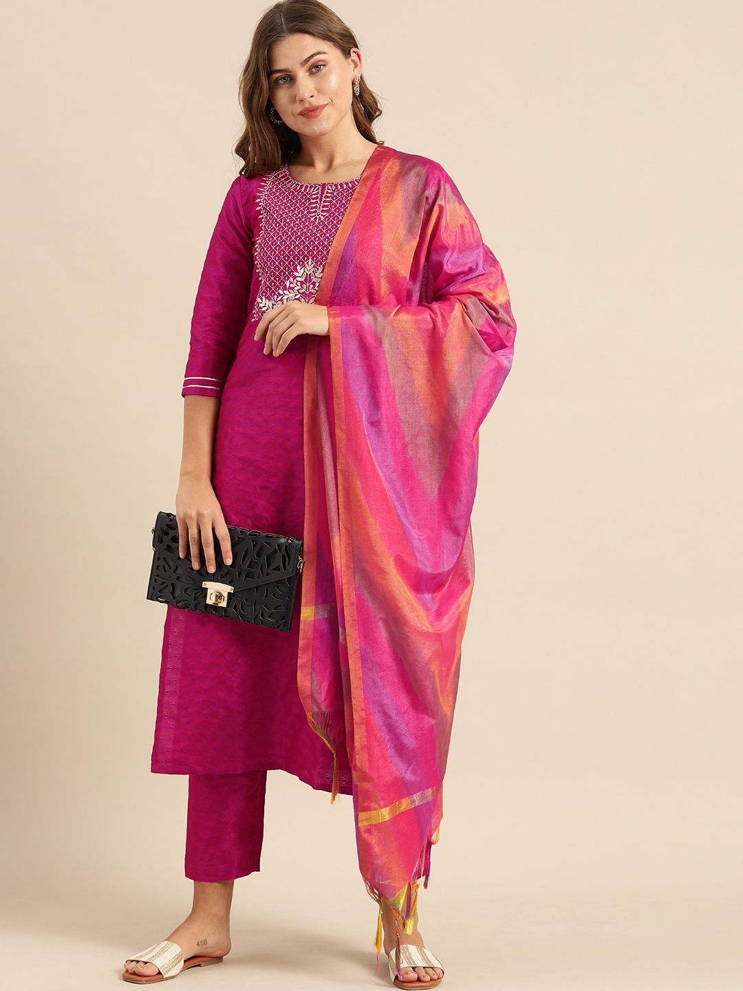 Indyancart VA Women's Magenta & Gold-Toned Embroidered Kurta with Trousers & Dupatta