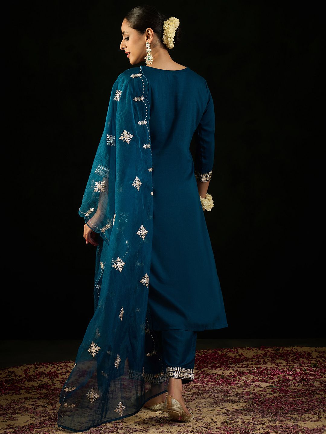 Indyancart IE Ethnic Motifs Embroidered Gotta Patti Straight Kurta With Trousers & Dupatta