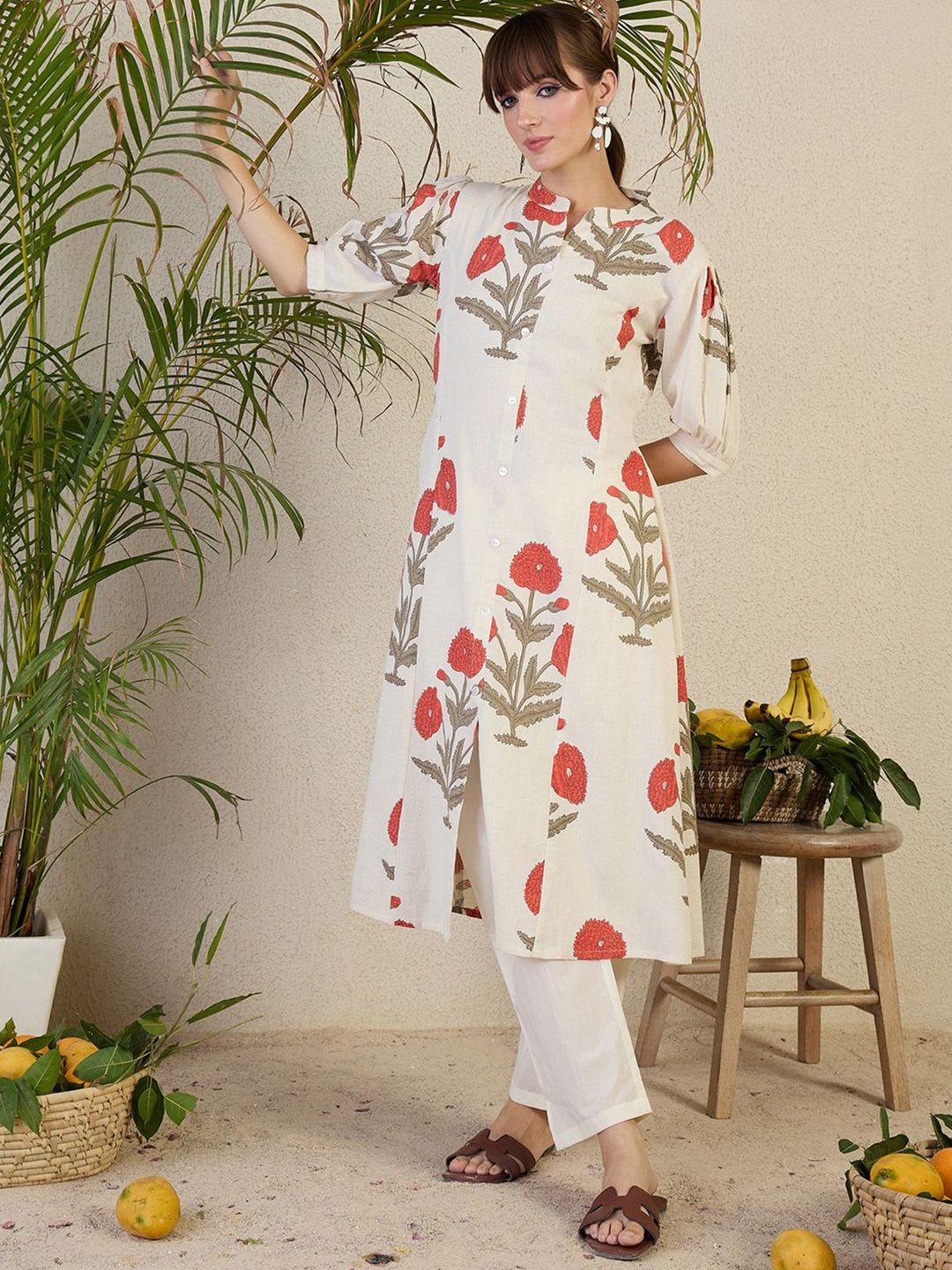 Indyancart IE Floral Printed Mandarin Collar A-Line Kurta