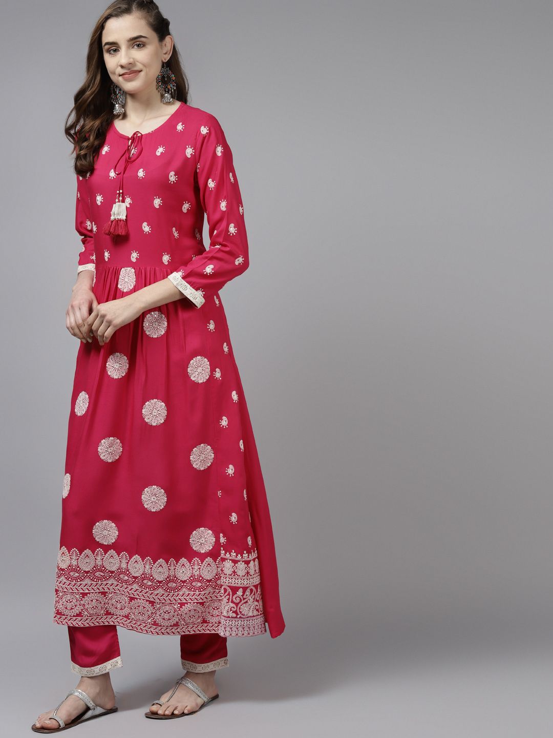 Indyancart IE Women Pink Paisley Embroidered Pleated Kurta with Trousers & Dupatta
