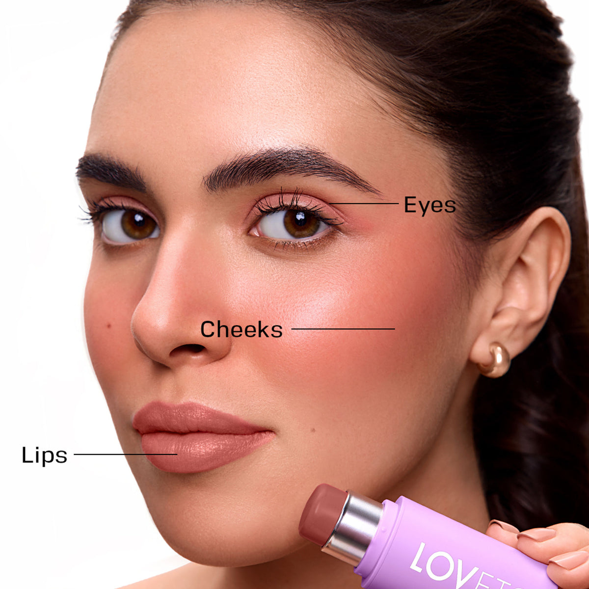 LOVETC 4-in-1 multi-purpose stick with intense color, long-lasting 12-hour wear, and hydrating hyaluronic acid for calm skin.