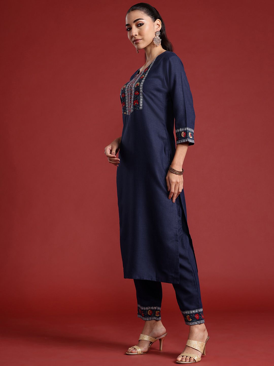 Dhiyona IE Floral Yoke Design Pure Cotton Kurta With Trousers & Dupatta