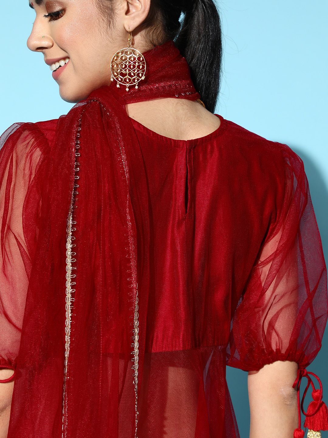 Indyancart IE Red Liva Sheer Kurta Set
