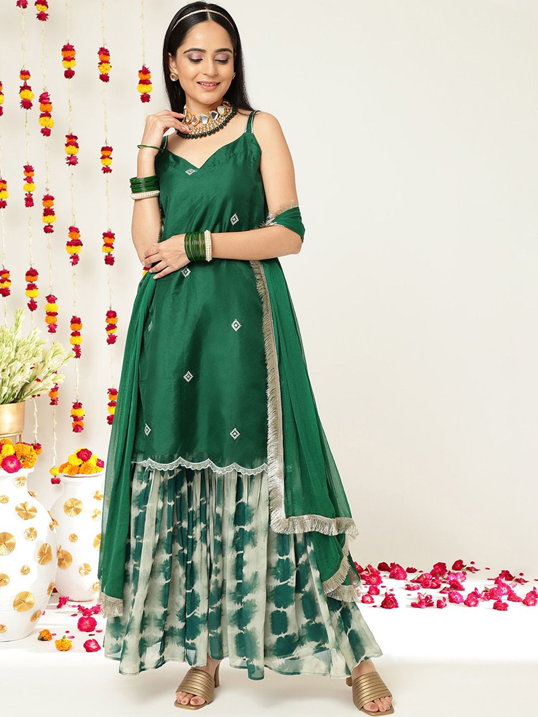 Indyancart VA Women'sEthnic Motifs Embroidered Sleeveless Kurta & Sharara With Dupatta