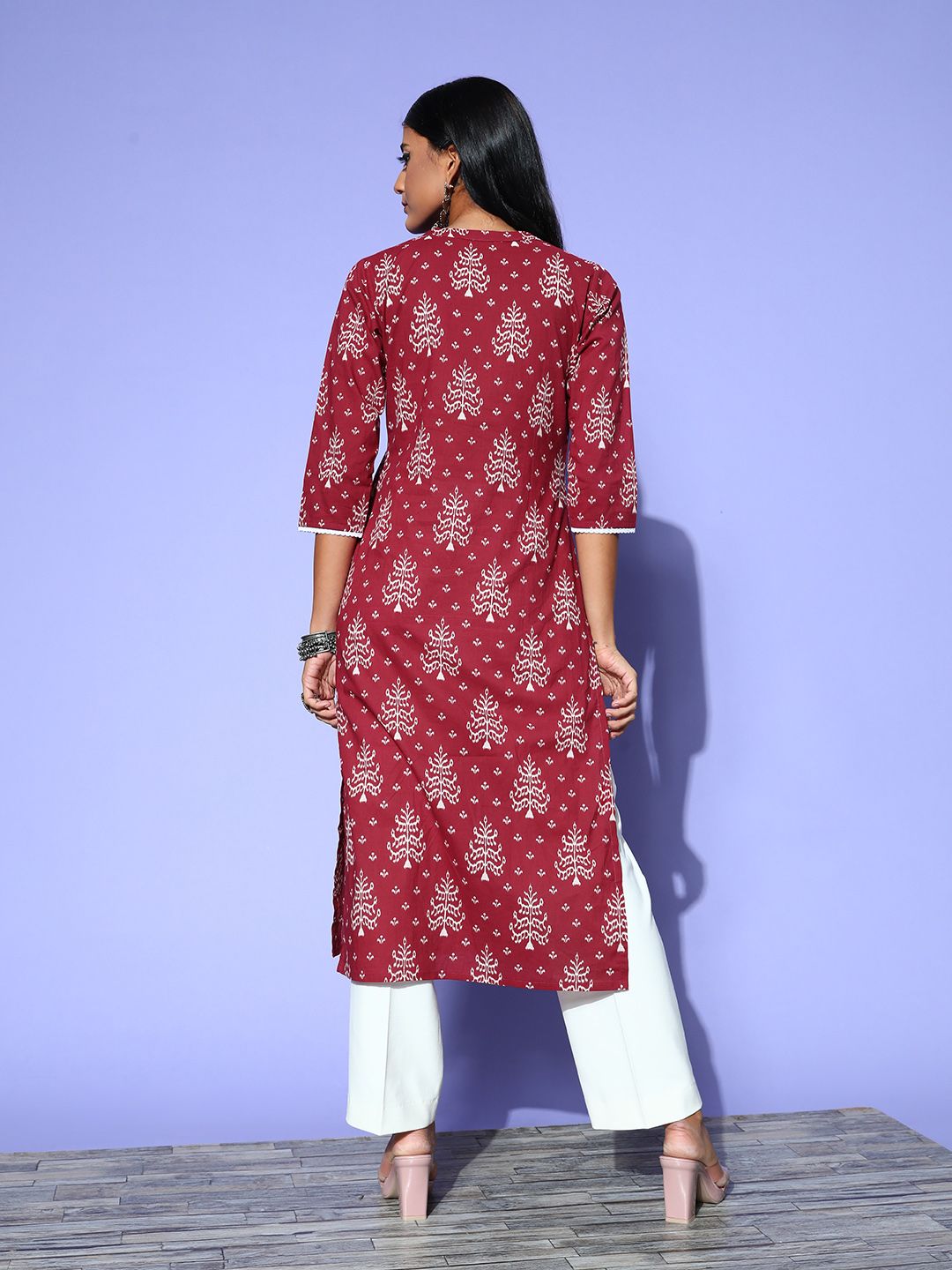 Dhiyona IE Women Maroon & White Pure Cotton Ethnic Motifs Printed Kurta