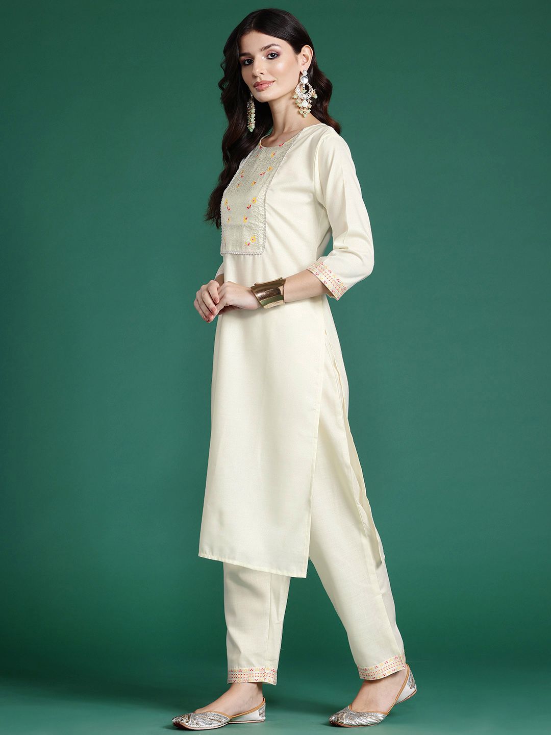 Indyancart IE Floral Yoke Design Zari Pure Cotton Kurta With Trousers & Dupatta