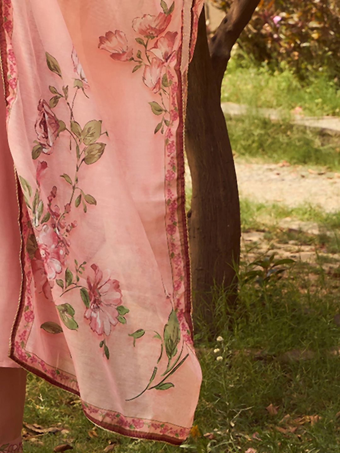 Indyancart IE V Neck Floral Embroidered Thread Work Kurta with Trouser & Dupatta