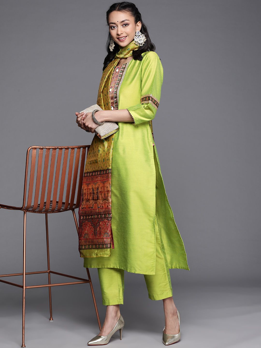 Indyancart VA Women's Lime Green Ethnic Motifs Yoke Design Beads and Stones Kurta with Trousers & With Dupatta